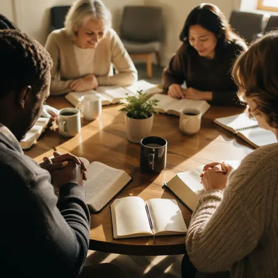Multicultural Bible Study Around Wooden Table