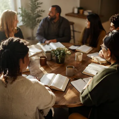 Multicultural Bible Study Fellowship Around Wooden Table