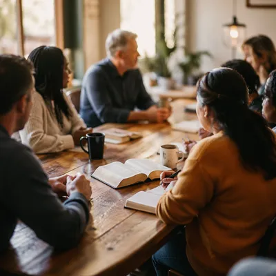Multicultural Bible Study Fellowship Around Wooden Table