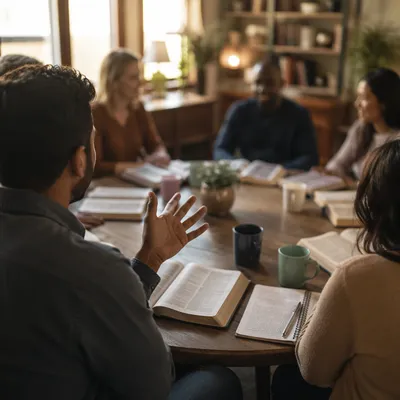 Multicultural Bible Study Fellowship Around Wooden Table