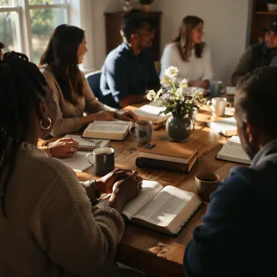Multicultural Bible Study Around Wooden Table