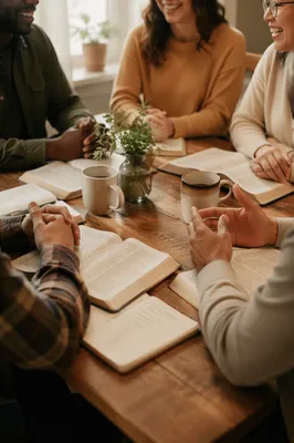 Multicultural Bible Study Fellowship Around Wooden Table