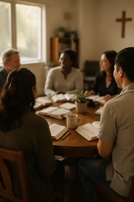 Multicultural Bible Study Fellowship Around Wooden Table