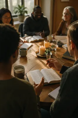 Multicultural Bible Study Fellowship Around Wooden Table