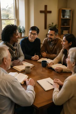 Multicultural Bible Study Group Around Table
