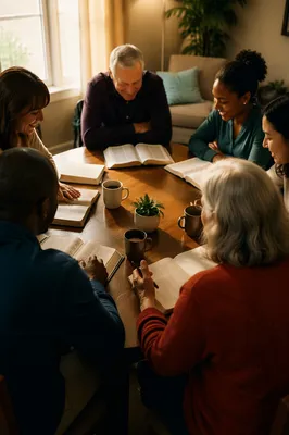 Multicultural Bible Study Fellowship Around Wooden Table