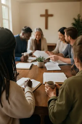 Multicultural Bible Study Fellowship Around Wooden Table