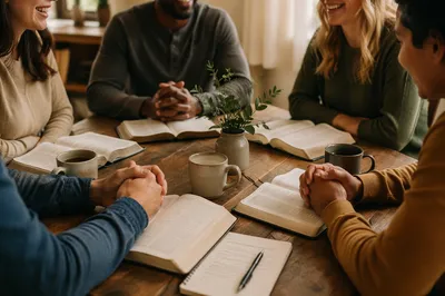 Multicultural Bible Study Fellowship Around Wooden Table