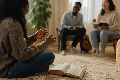 Smiling Multicultural Bible Study in Bright Living Room