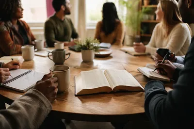 Multicultural Bible Study Around Wooden Table