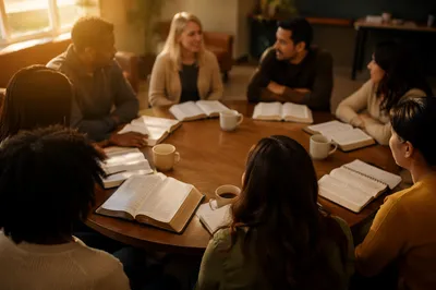 Multicultural Bible Study Fellowship Around Wooden Table