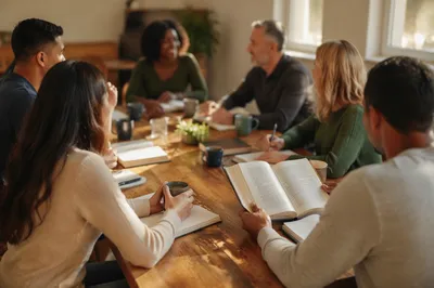 Multicultural Bible Study Fellowship Around Wooden Table