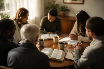 Multicultural Bible Study Fellowship Around Wooden Table