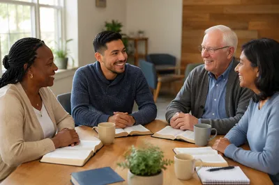 Multicultural Bible Study Group in Community Room