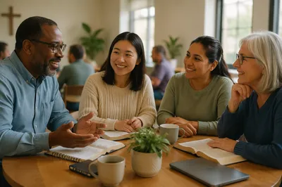 Multicultural Bible Study Around Wooden Table