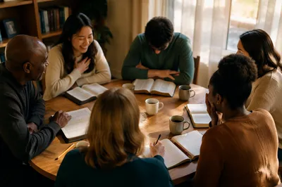 Multicultural Bible Study Around Wooden Table