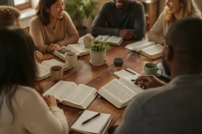 Multicultural Bible Study Around Wooden Table