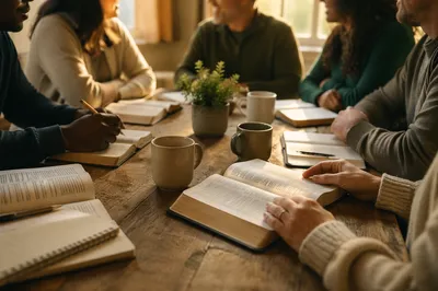 Multicultural Bible Study Around Wooden Table