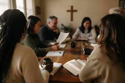 Multicultural Bible Study Fellowship Around Wooden Table