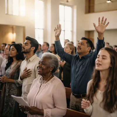 Diverse Congregation Worshipping in Bright Church Hall
