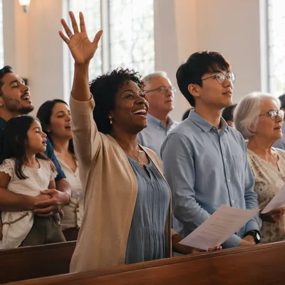 Diverse Congregation Singing in Bright Sanctuary