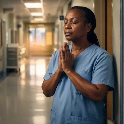 Nurse Praying in Quiet Hospital Hallway