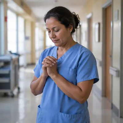 Nurse Pausing in Quiet Hospital Hallway