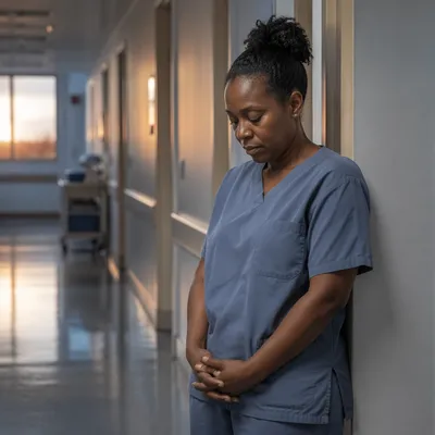 Nurse Praying in Hospital Hallway at Dawn