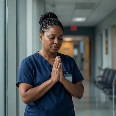 Nurse Praying in Quiet Hospital Hallway