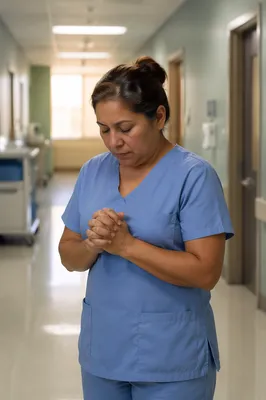 Nurse Praying in Quiet Hospital Hallway
