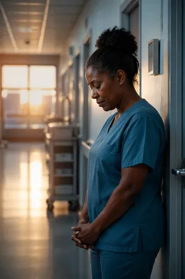 Nurse Praying in Hospital Hallway at Dawn