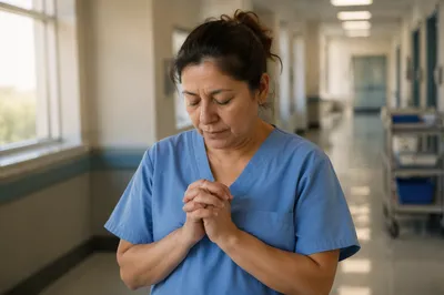 Nurse Pausing for Prayer in Hallway