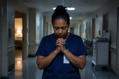 Nurse Praying in Quiet Hospital Hallway