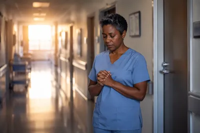 Nurse Praying in Hospital Hallway at Dawn