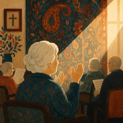 Elderly Resident Praying at Nursing Home Worship