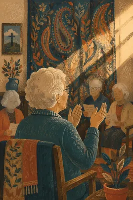Elderly Resident Praying at Nursing Home Worship
