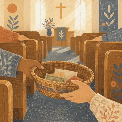 Offering Basket Passed Along Church Pew