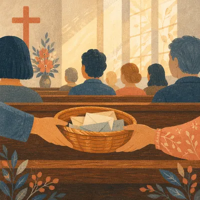 Offering Basket Passed Along Church Pew