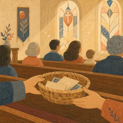 Offering Basket Passed Along Church Pew