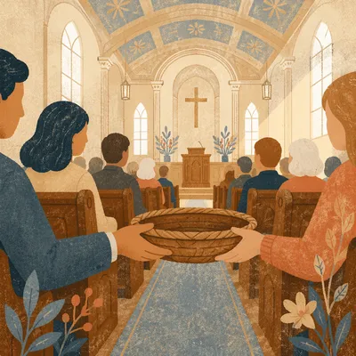 Offering Basket Passed in Church Pews