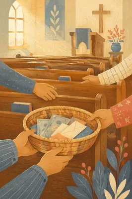 Offering Basket Passed Along Church Pew