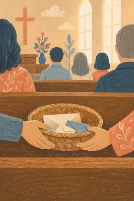 Offering Basket Passed Along Church Pew