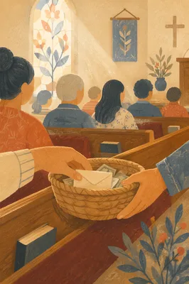 Offering Basket Passed Along Church Pew