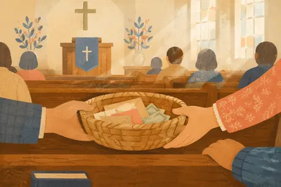 Offering Basket Passed Along Church Pew