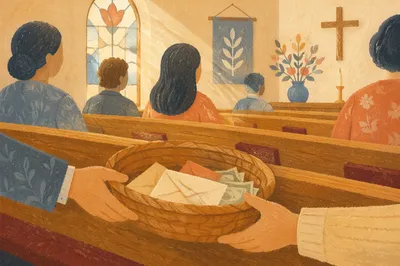 Offering Basket Passed Along Church Pew