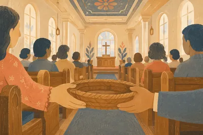 Offering Basket Passed in Church Pews