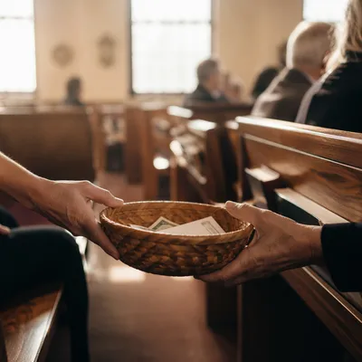 Offering Basket Passed Along Church Pew