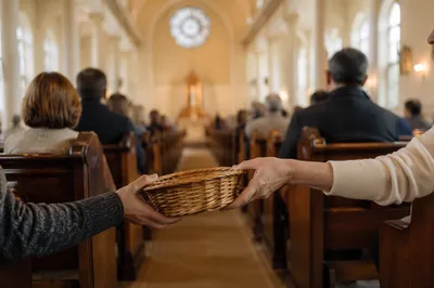 Offering Basket Passed in Church Pew