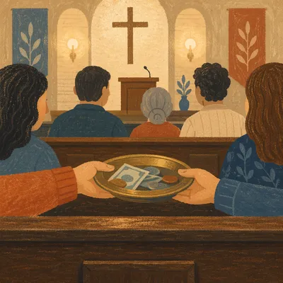 Brass Offering Plate Passed in Church Pew