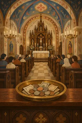 Brass Offering Plate on Historic Church Altar